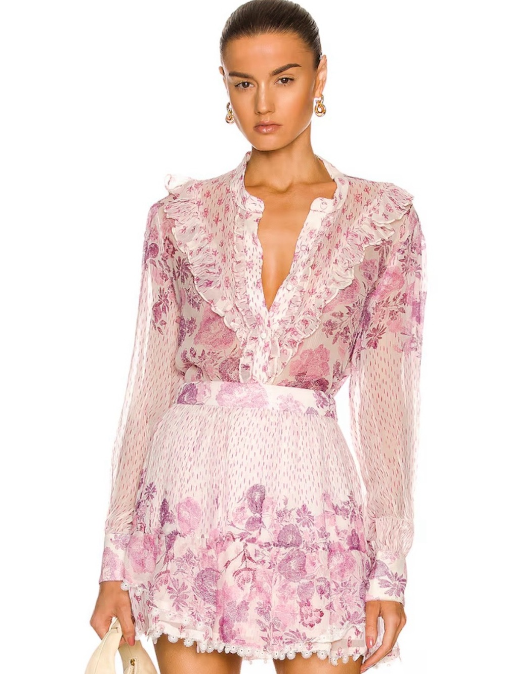 Hemant & Nandita Sheer Pink Floral Ruffle Blouse L & Skirt Set S set